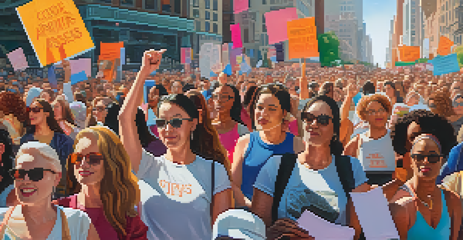 A diverse group of activists at a feminist rally in New York City, holding signs advocating for women's rights with iconic landmarks in the background.