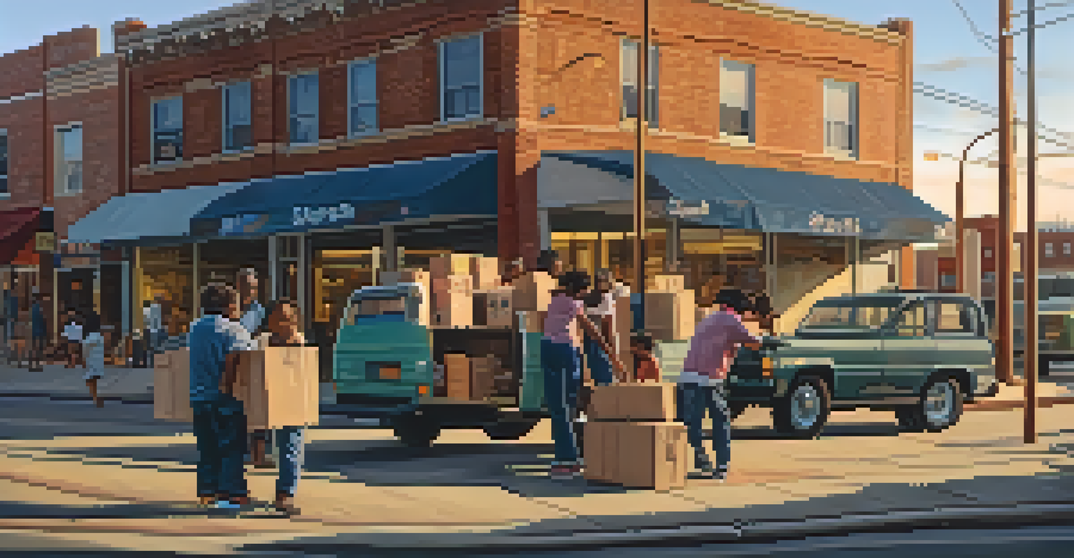 A family packing their belongings into a moving truck in front of a local storefront, with a sunset backdrop highlighting their emotional expressions.