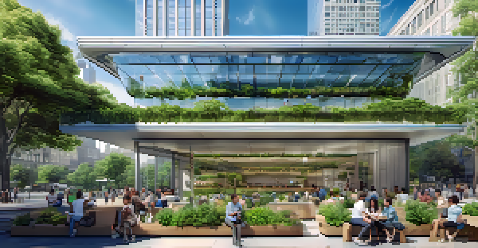 A futuristic eco-friendly building design in New York City with large glass windows and vertical gardens, set in a green park filled with people enjoying the outdoors.