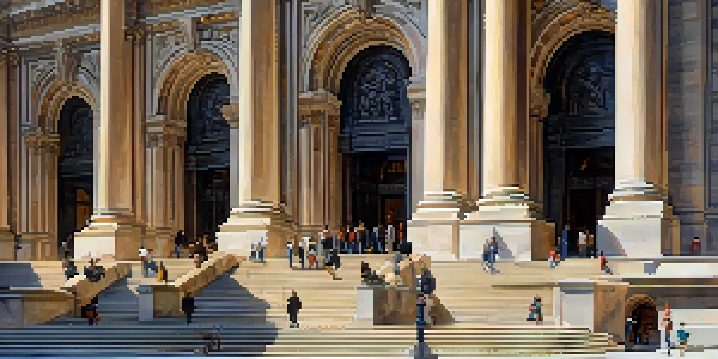 The New York Public Library's main building featuring grand architecture and lion statues, with diverse people talking on the steps under warm sunlight.