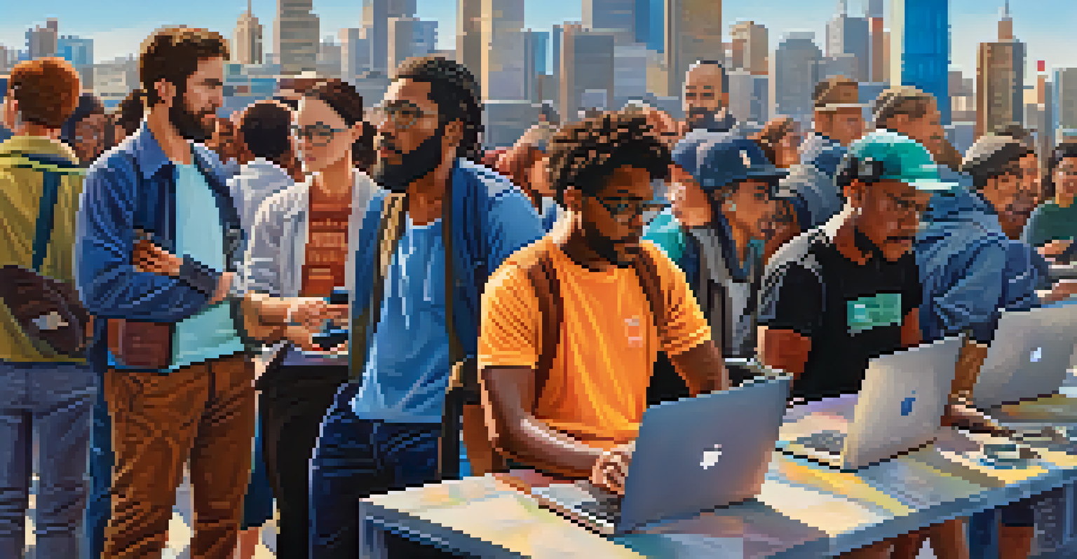 A diverse group of workers using technology for labor activism, illustrating the intersection of digital communication and social justice.