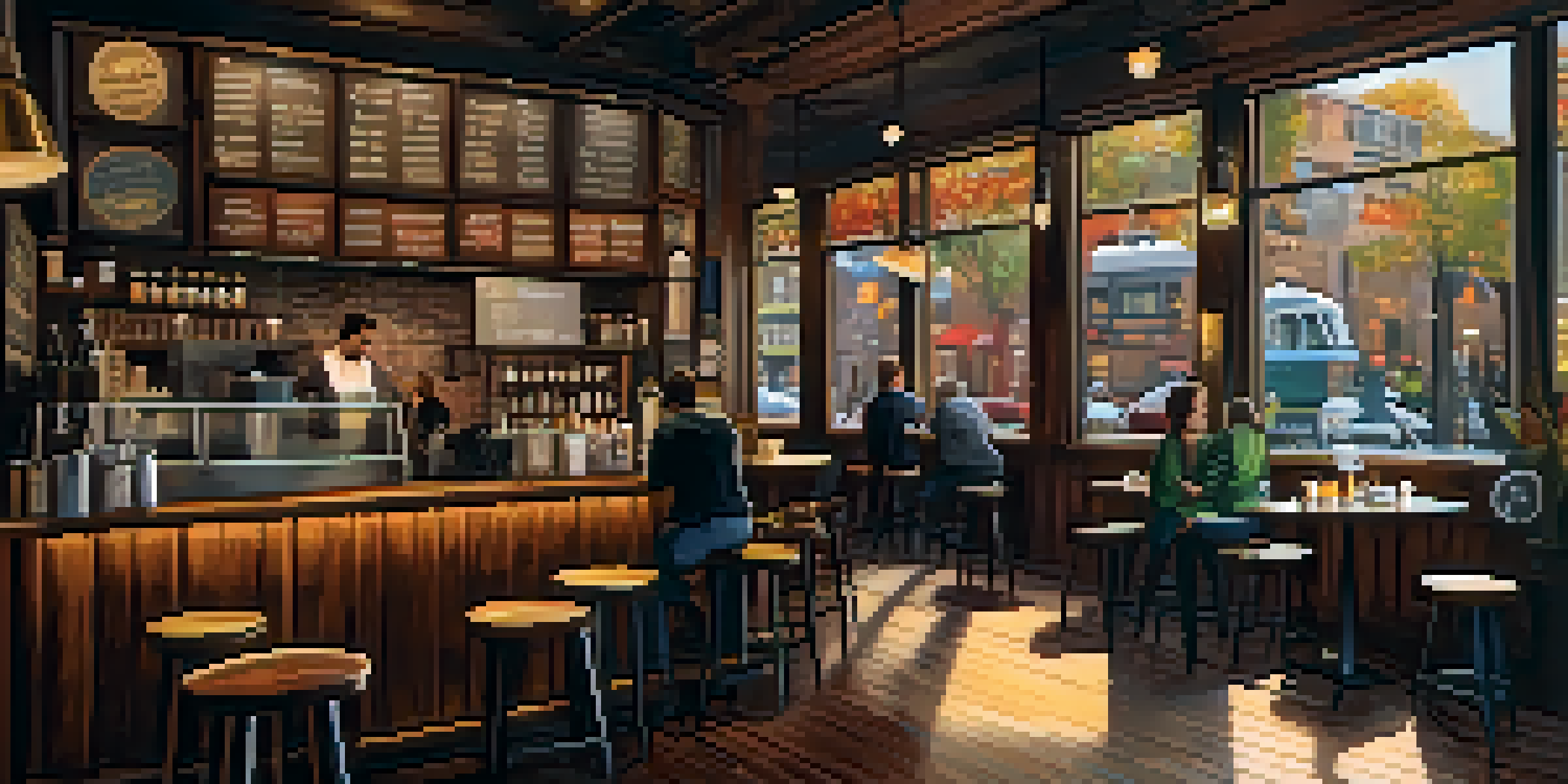 A warm and inviting coffee shop with wooden furniture, customers chatting, and a barista making coffee, visible through large windows.