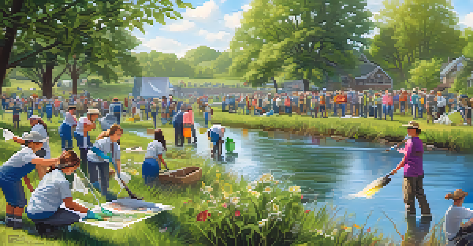 A community cleanup event along a riverbank with volunteers working to conserve watersheds.