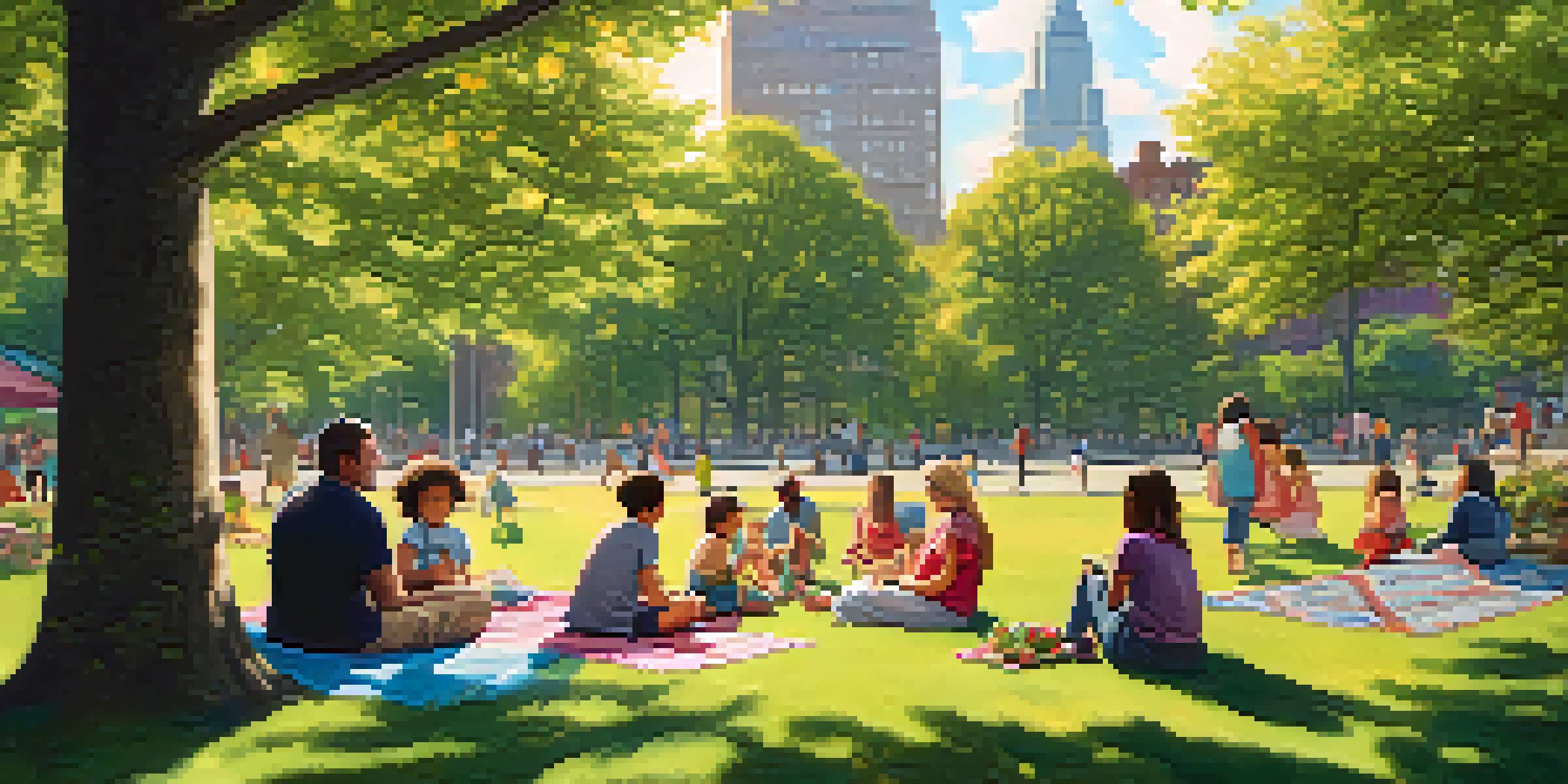 A vibrant park scene in New York City with families enjoying a picnic under the trees, with skyscrapers in the background.
