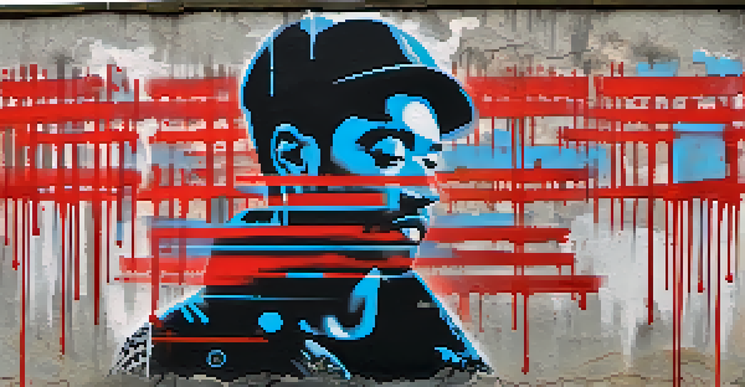 Close-up of a stencil art piece with a strong social message on a weathered wall, surrounded by urban textures.