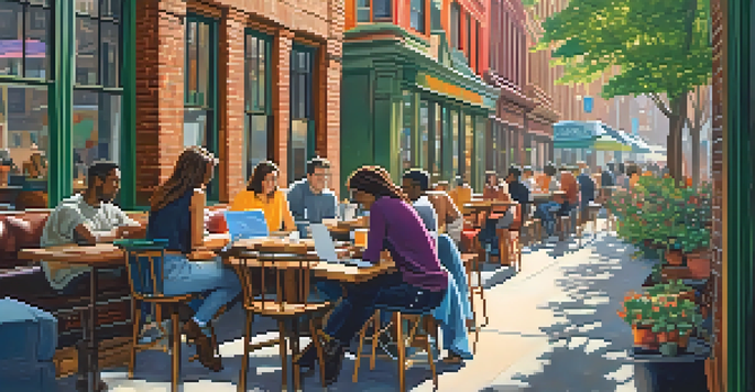 A lively coffee shop in New York City with freelancers working on laptops surrounded by colorful murals and bright natural light.