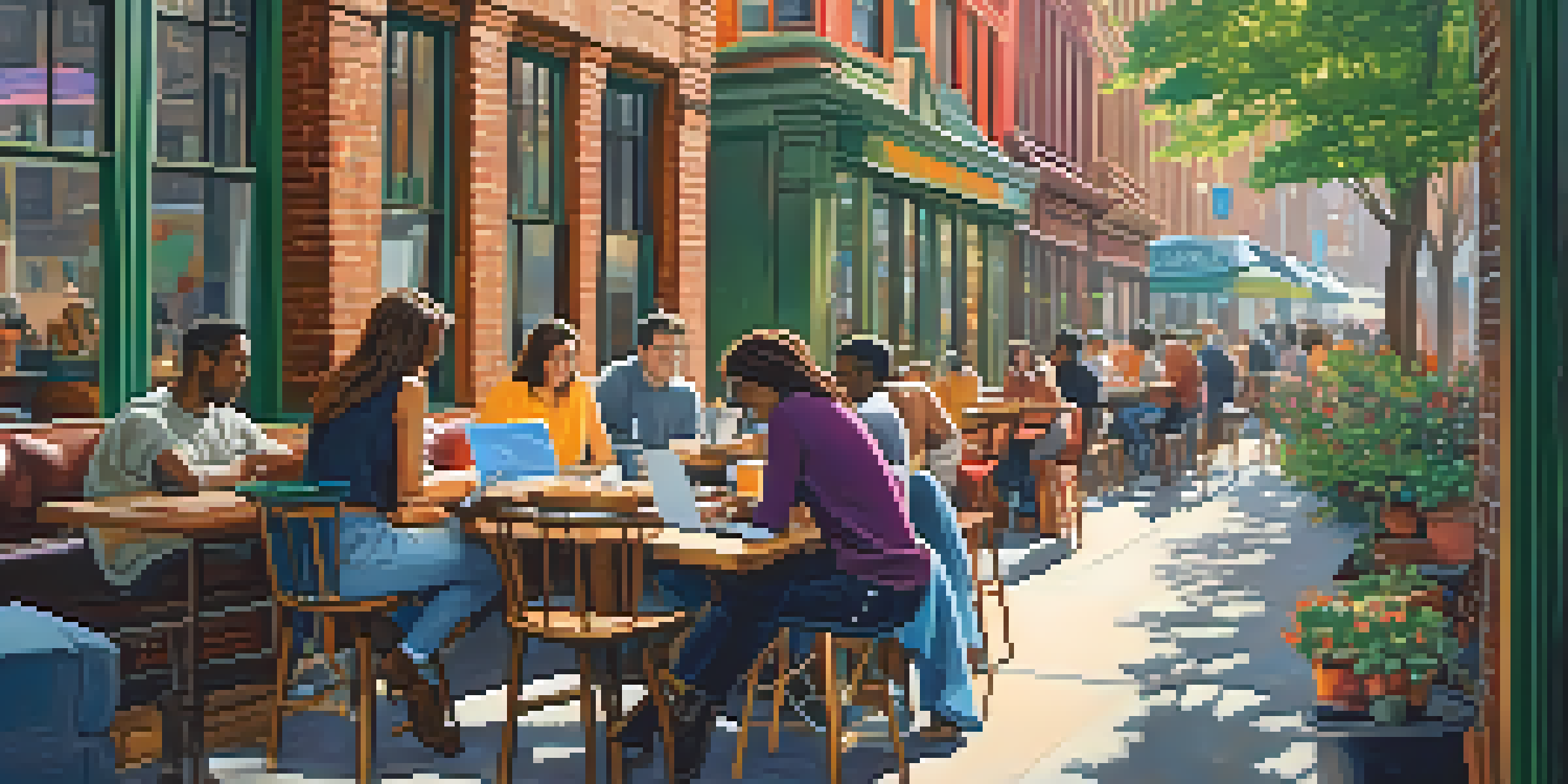 A lively coffee shop in New York City with freelancers working on laptops surrounded by colorful murals and bright natural light.