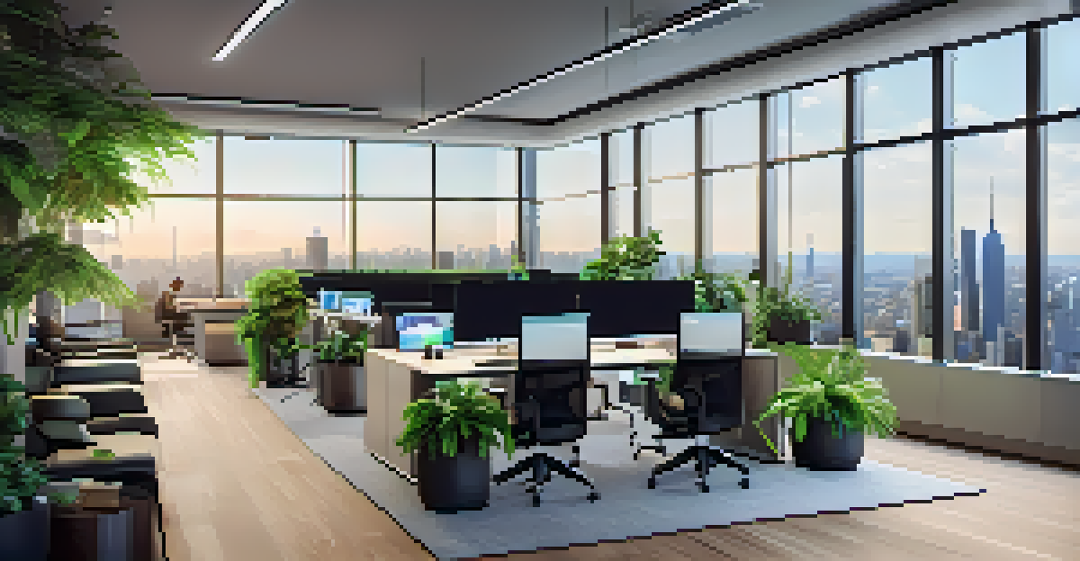 A contemporary fintech startup office in New York City with employees working collaboratively, surrounded by modern furniture and greenery, showcasing a bright and inviting atmosphere.
