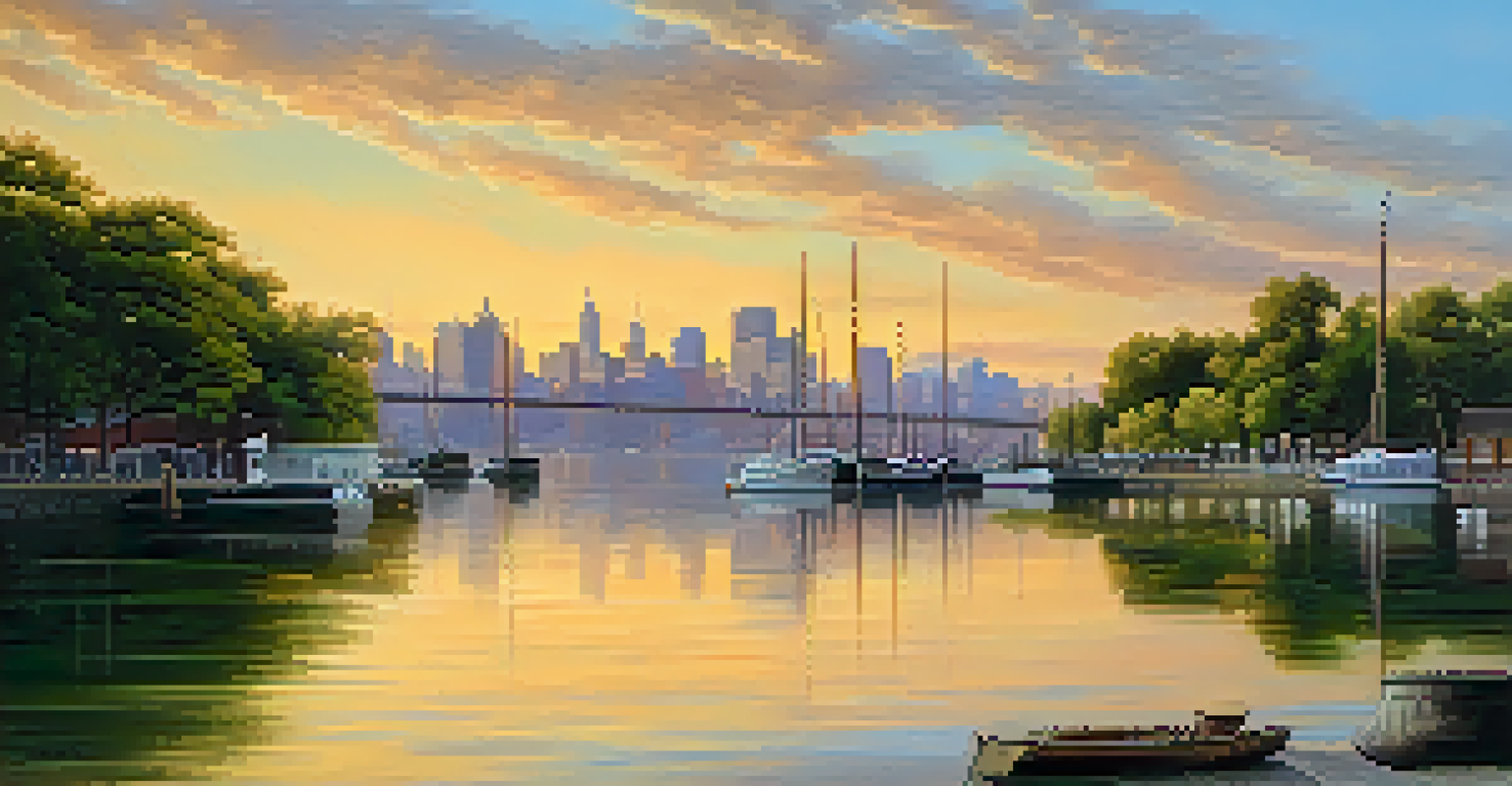 A tranquil waterfront view of Brooklyn in the mid-1800s, with sailboats and a beautiful sunset over the skyline.