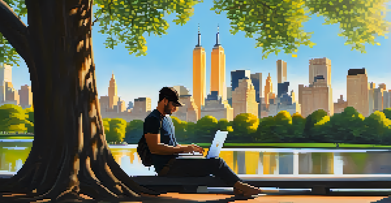 A digital nomad relaxing in Central Park with a laptop, surrounded by greenery and the New York City skyline in the background.