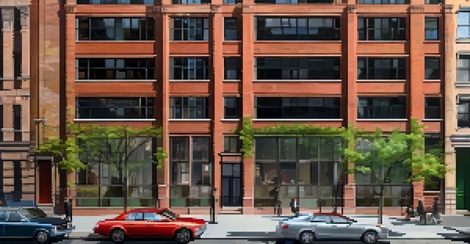 A transformed warehouse in New York City, showing a blend of historic architecture and modern residential design, with people walking nearby.