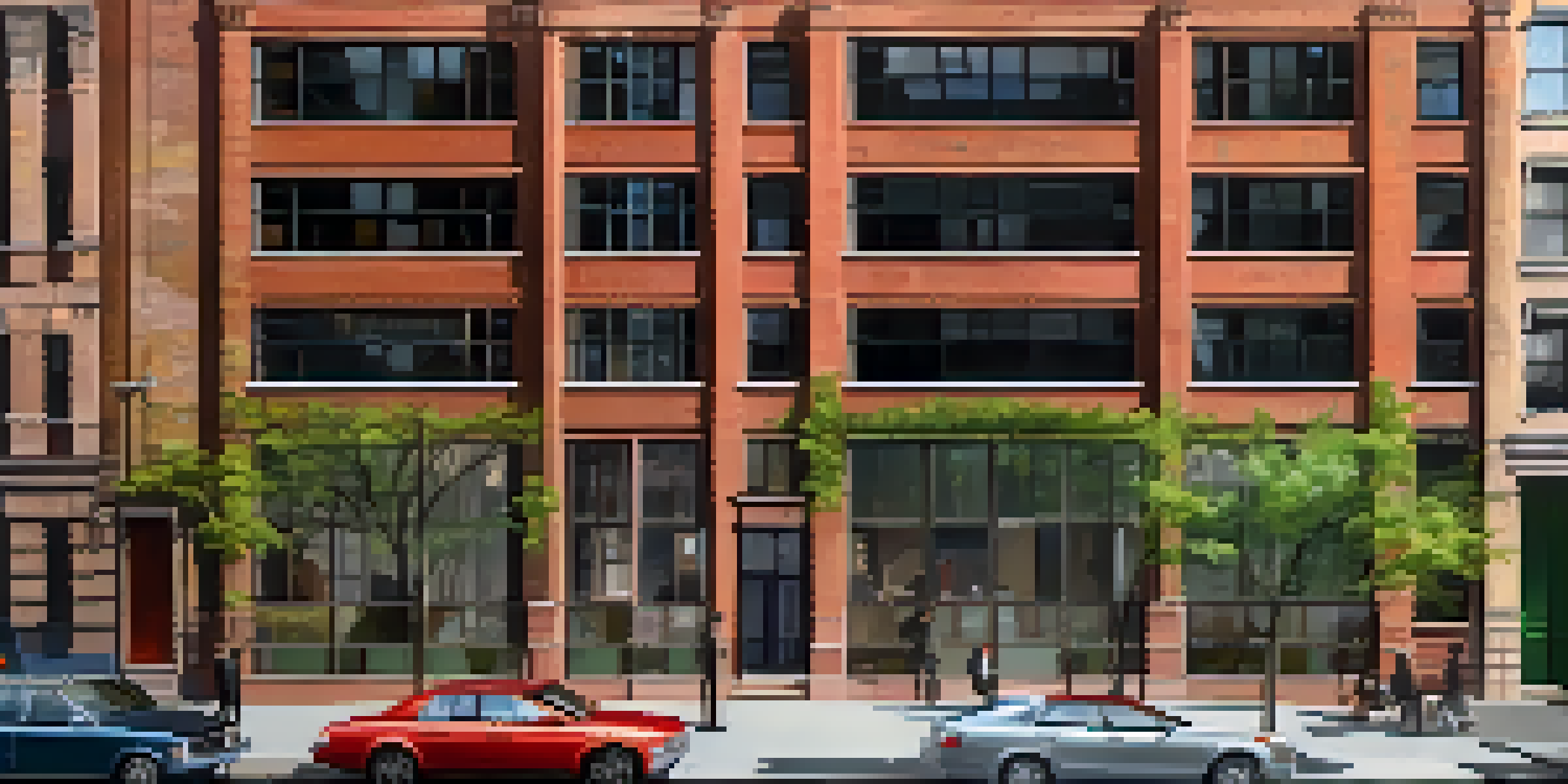 A transformed warehouse in New York City, showing a blend of historic architecture and modern residential design, with people walking nearby.