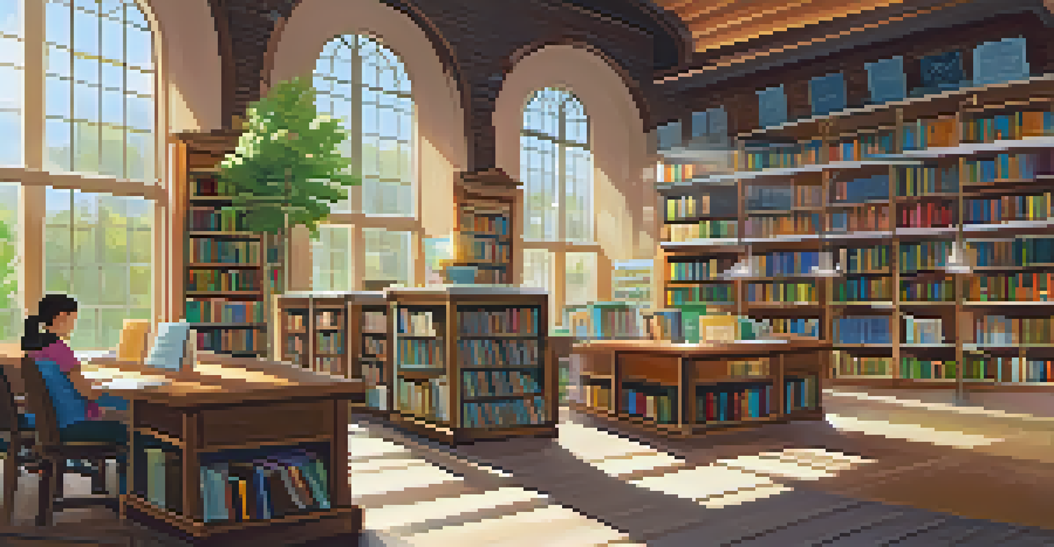 The interior of a public library with bookshelves, sunlight streaming through windows, and people reading in a cozy environment.