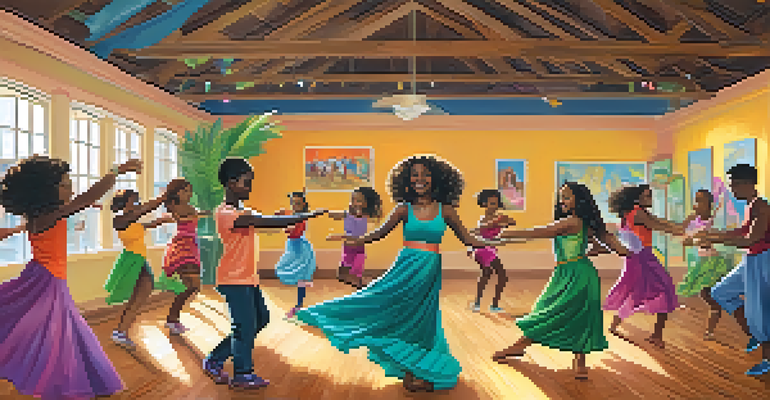 Students from various backgrounds participating in an Afro-Caribbean dance class, surrounded by colorful decorations and a lively atmosphere.