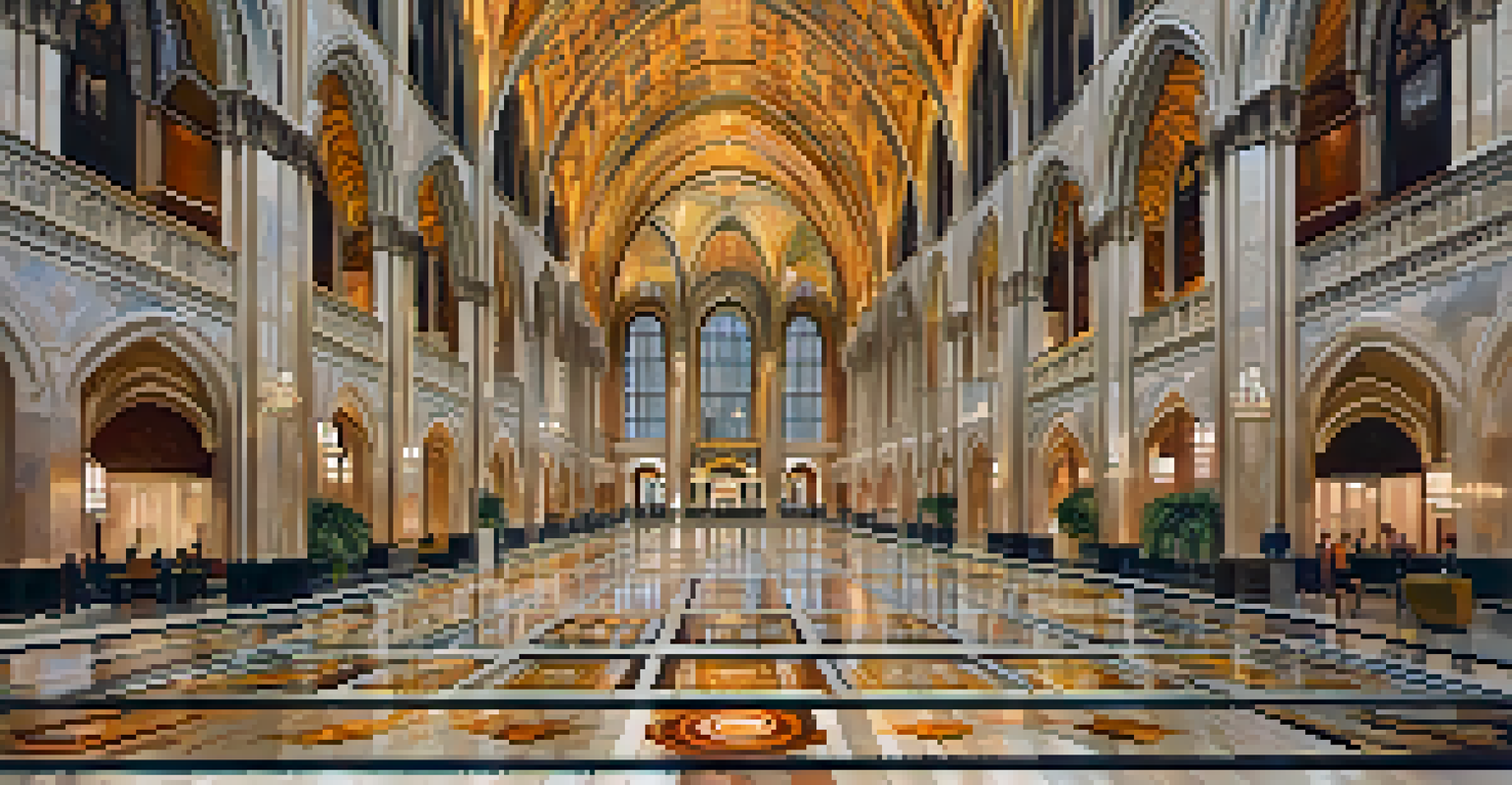 The interior lobby of the Woolworth Building, showcasing beautiful mosaics and high vaulted ceilings illuminated by warm lighting.
