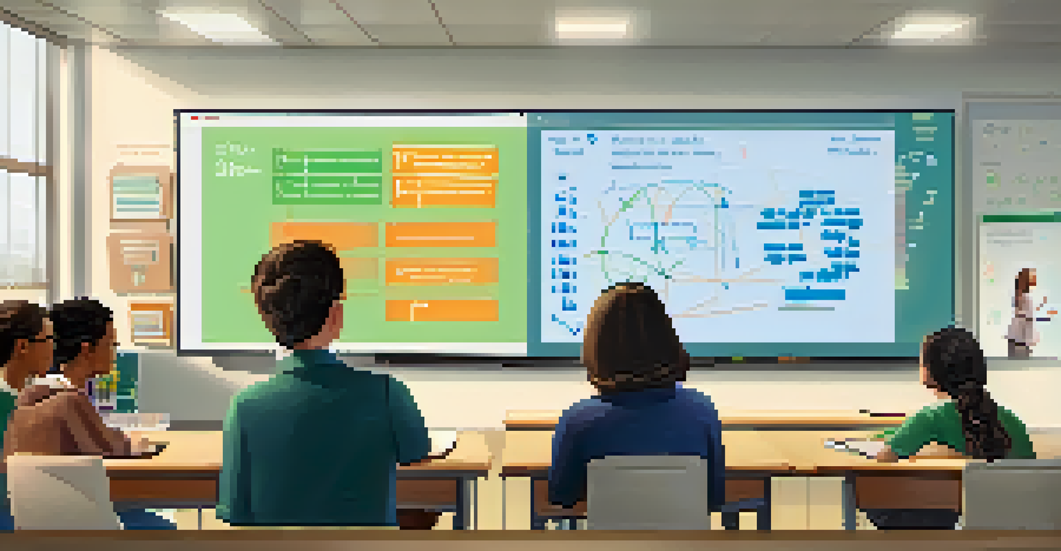 A teacher presenting a video lesson on algebra to a class of engaged students using a digital screen.