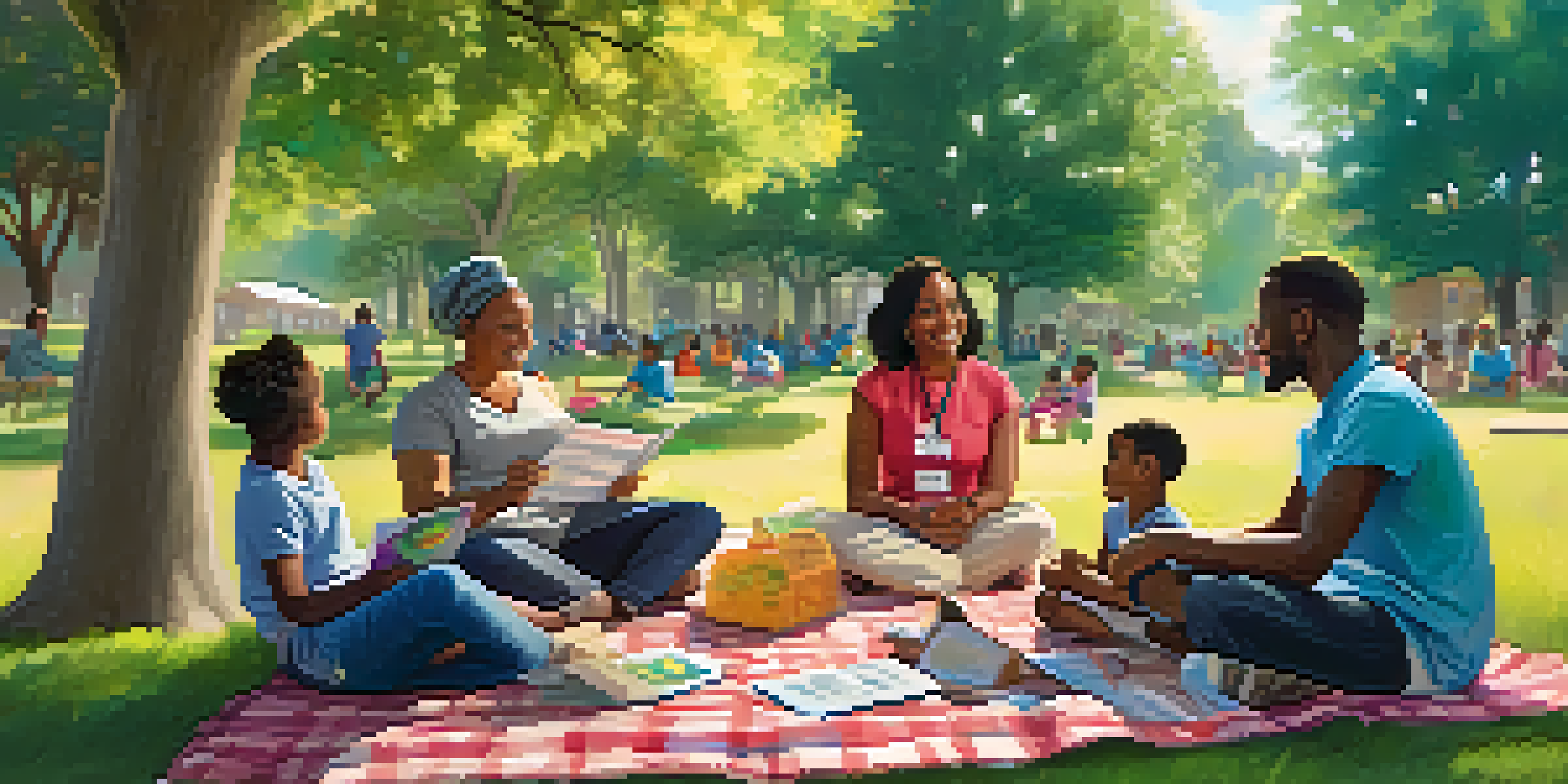 A Community Health Worker interacting with families in a park, providing health education materials.