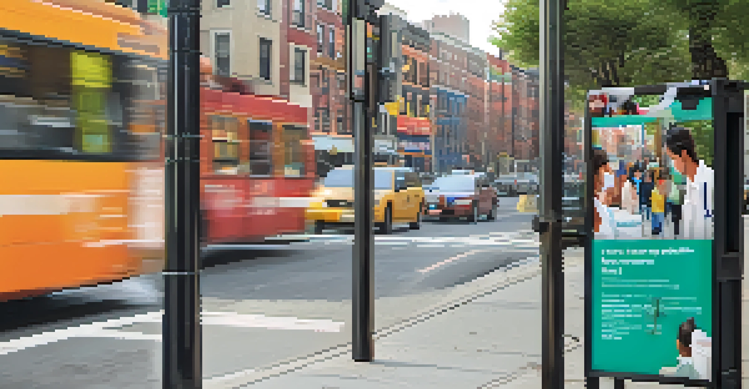 A colorful public health messaging poster in multiple languages displayed in a New York City neighborhood, with residents walking by.