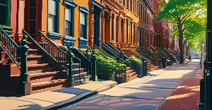 A historic brownstone street in Brooklyn at sunset, with warm colors and pedestrians.