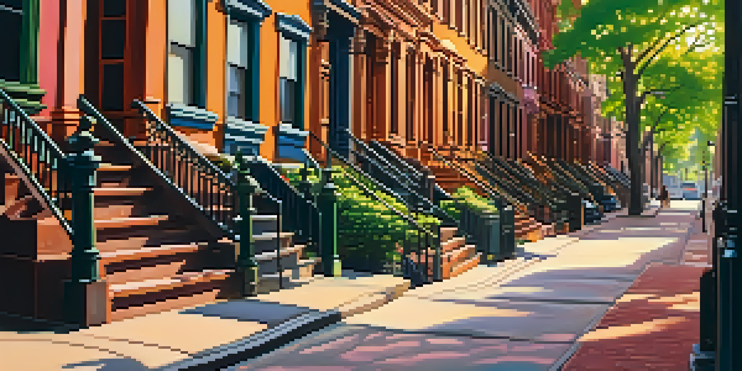A historic brownstone street in Brooklyn at sunset, with warm colors and pedestrians.