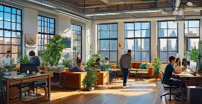 A lively coworking space in New York City with diverse individuals working together, large windows showing the iconic skyline.