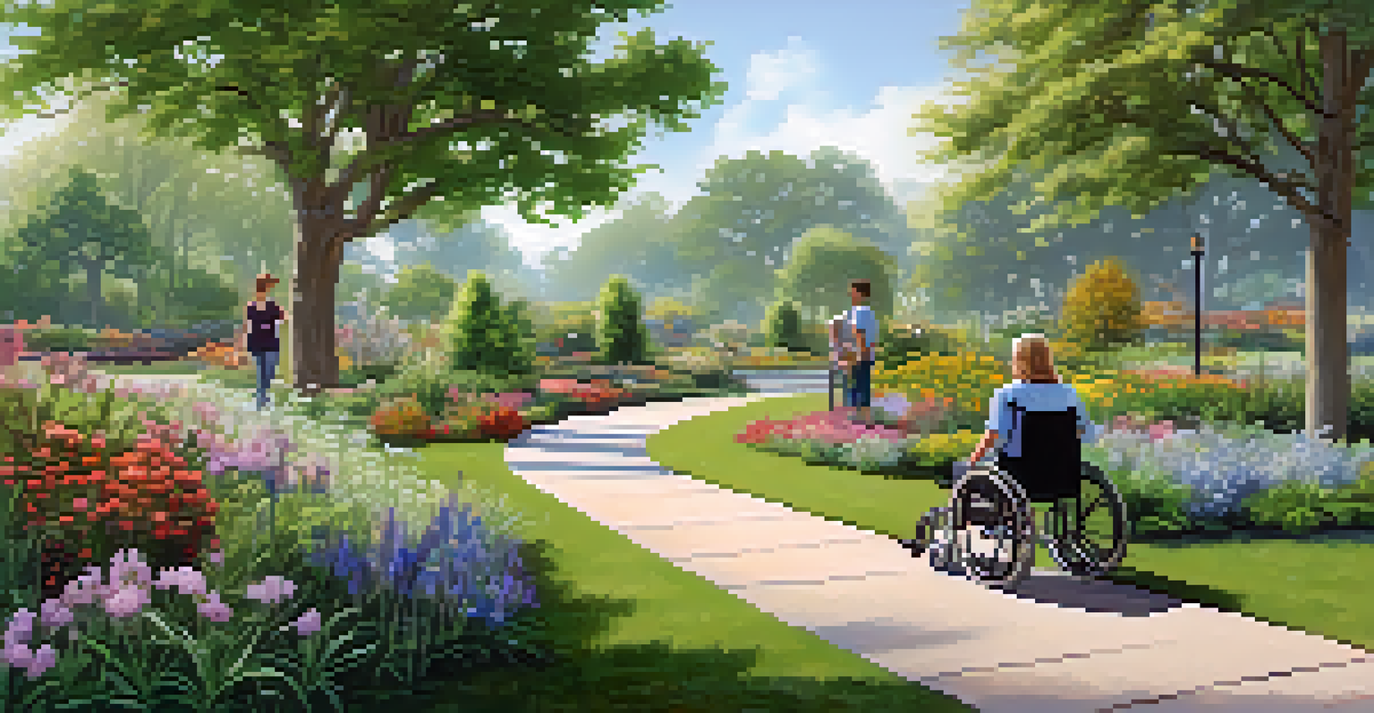 A peaceful park scene with a winding path through an herb garden, featuring individuals of different abilities, including a child in a wheelchair, enjoying nature and educational signs.