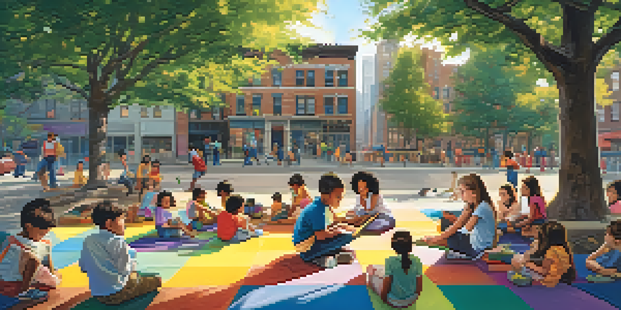 A group of diverse children engaged in an outdoor classroom in New York City, surrounded by books and art supplies, with sunlight filtering through the trees and a city skyline in the background.