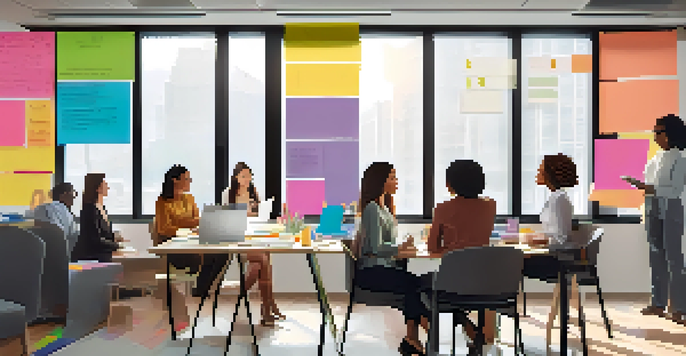 A group of diverse women collaborating in a bright office, discussing ideas around a whiteboard filled with colorful notes.