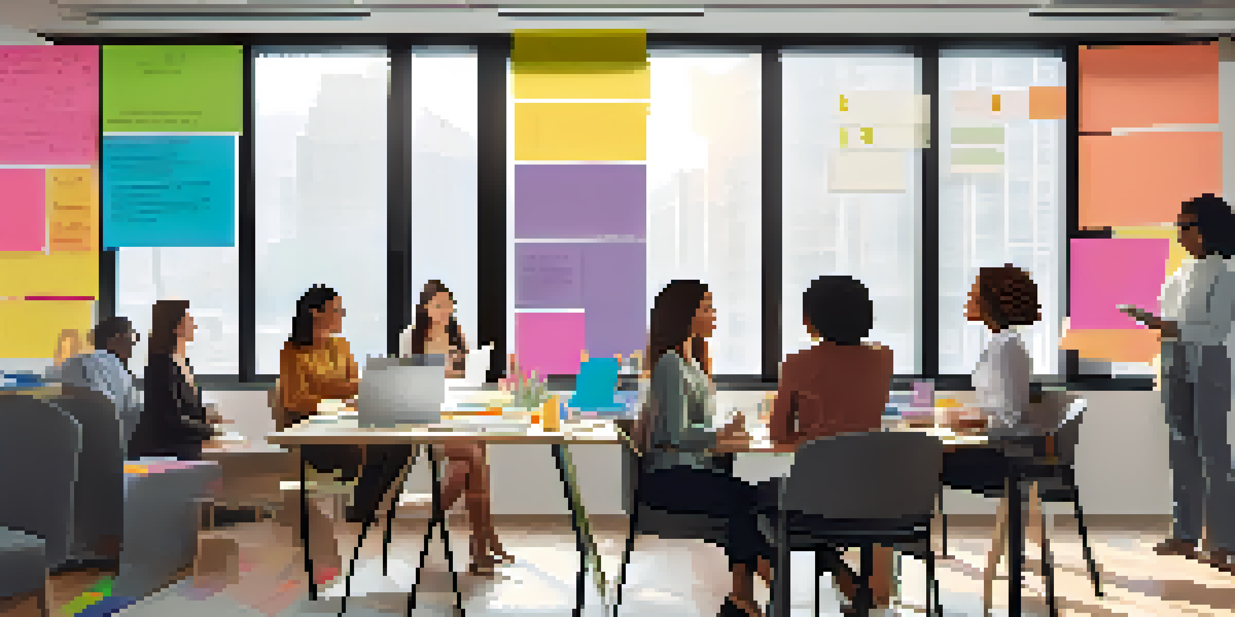 A group of diverse women collaborating in a bright office, discussing ideas around a whiteboard filled with colorful notes.