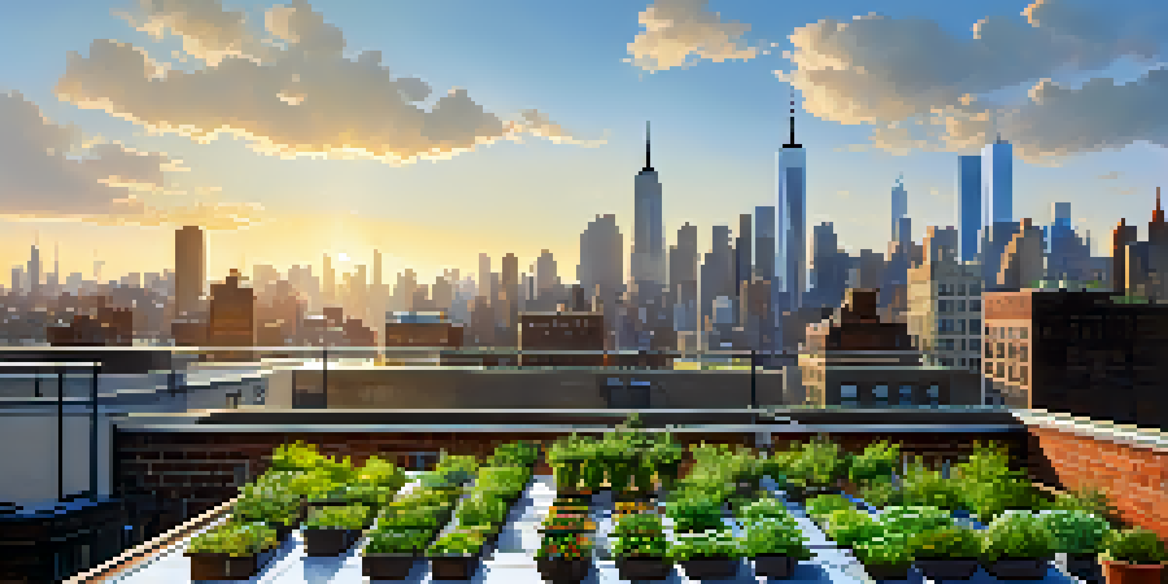 An urban rooftop garden with solar panels and greenery against the Manhattan skyline under a clear blue sky.