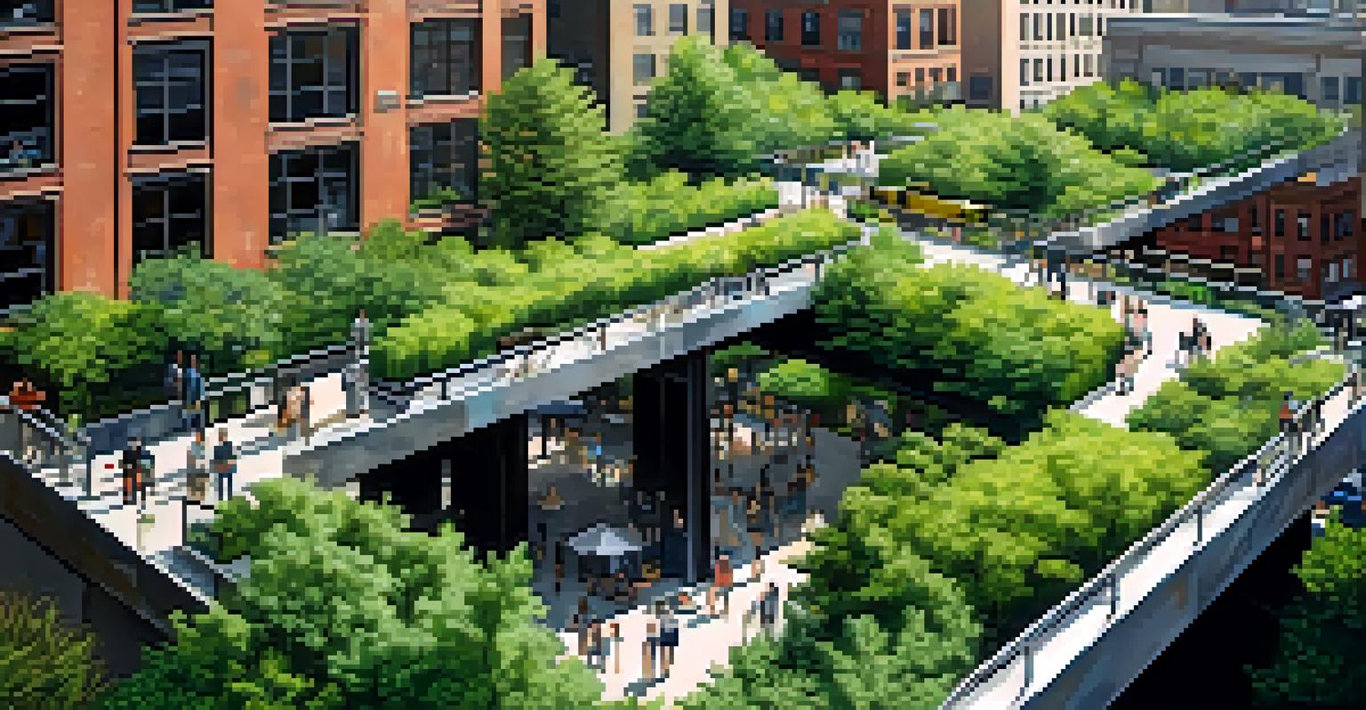 An aerial view of the High Line park with greenery, art installations, and people walking, surrounded by buildings.