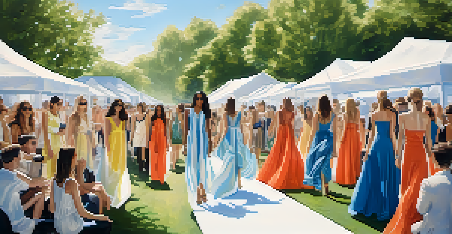 An outdoor sustainable fashion event in NYC featuring a runway surrounded by greenery, with designers showcasing eco-conscious collections under a blue sky.