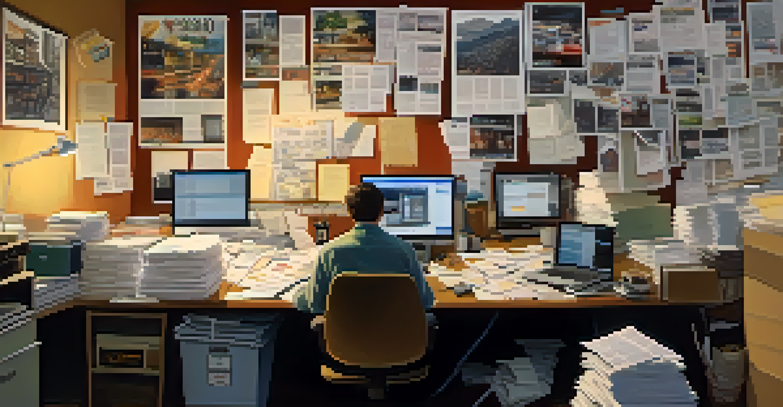 A local journalist in a small newsroom, focused on a computer screen with papers and photographs around, illuminated by soft warm lighting.