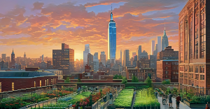 A colorful cityscape of New York City at sunset, with a community garden and diverse residents engaging in gardening activities.