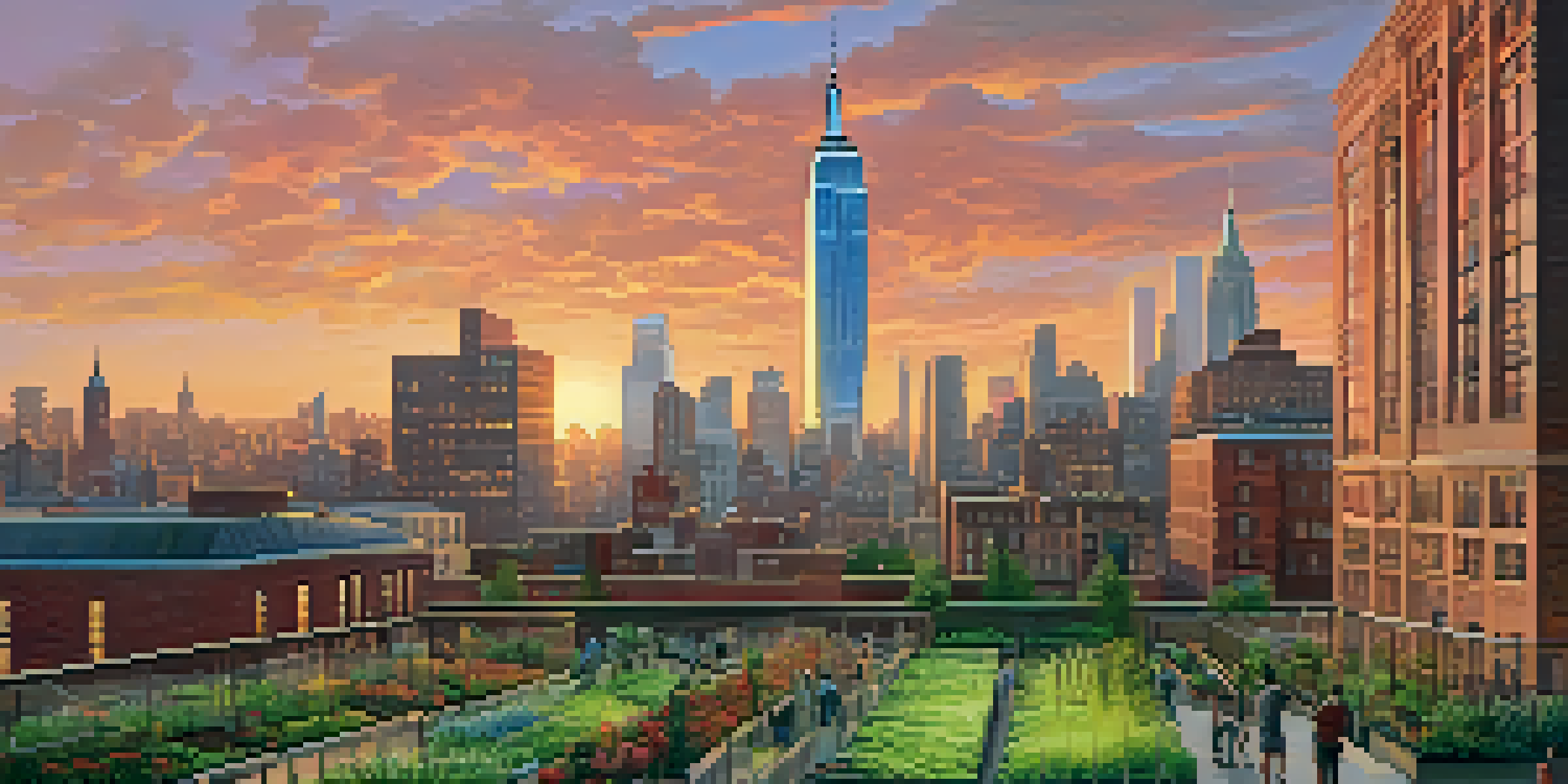 A colorful cityscape of New York City at sunset, with a community garden and diverse residents engaging in gardening activities.