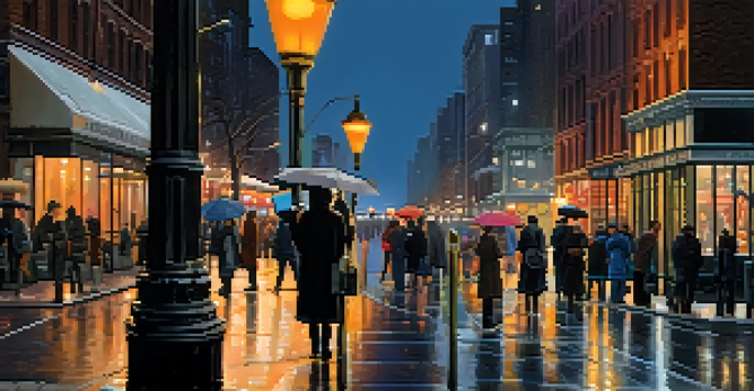 A busy New York City street at dusk, featuring a high-tech surveillance camera and pedestrians.