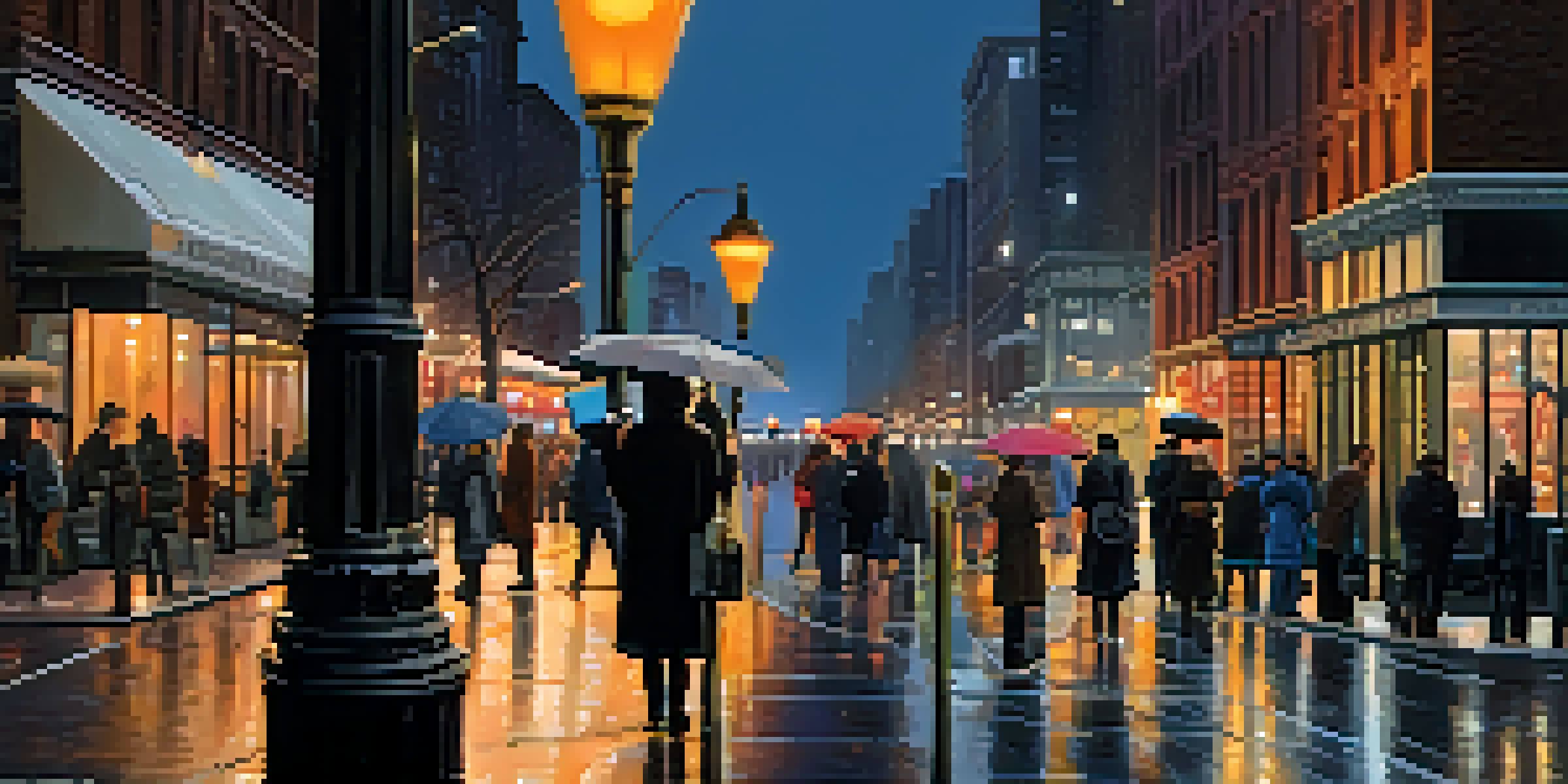 A busy New York City street at dusk, featuring a high-tech surveillance camera and pedestrians.