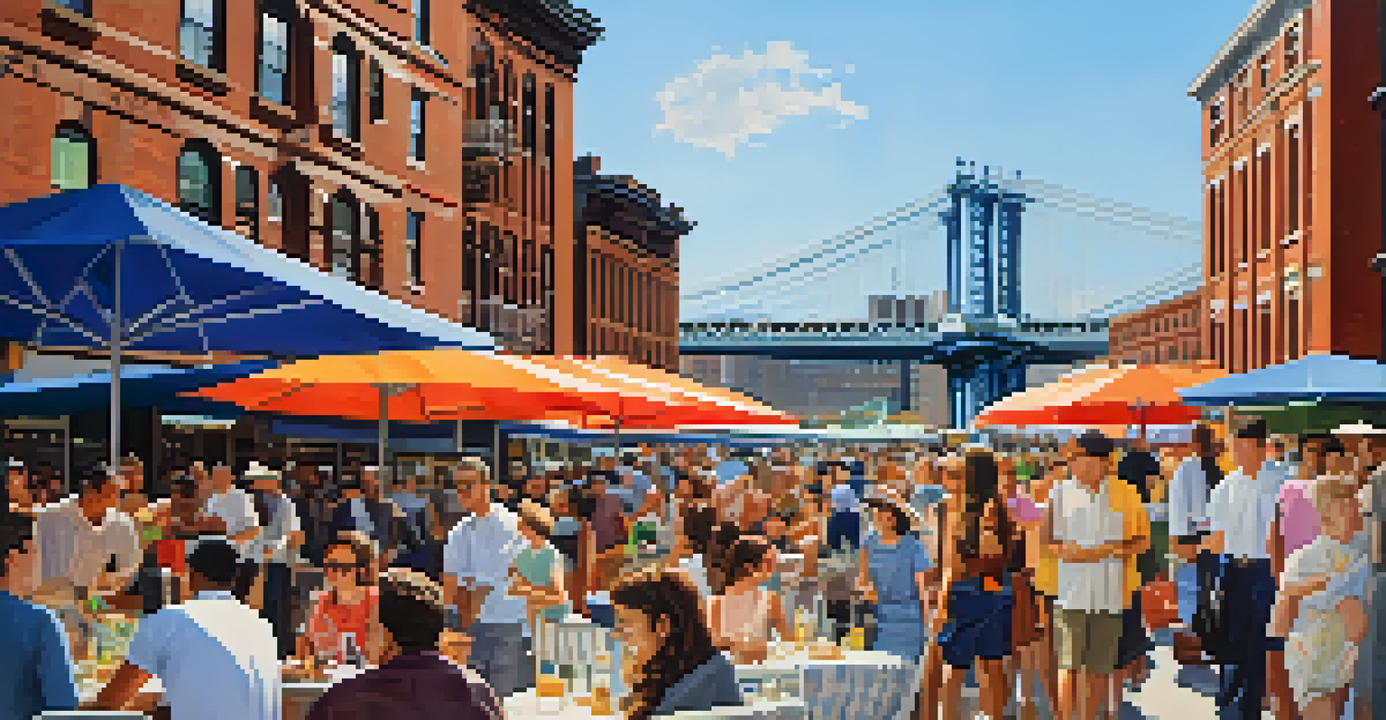 A bustling street scene at South Street Seaport with historic buildings, outdoor dining, and the East River in the background.