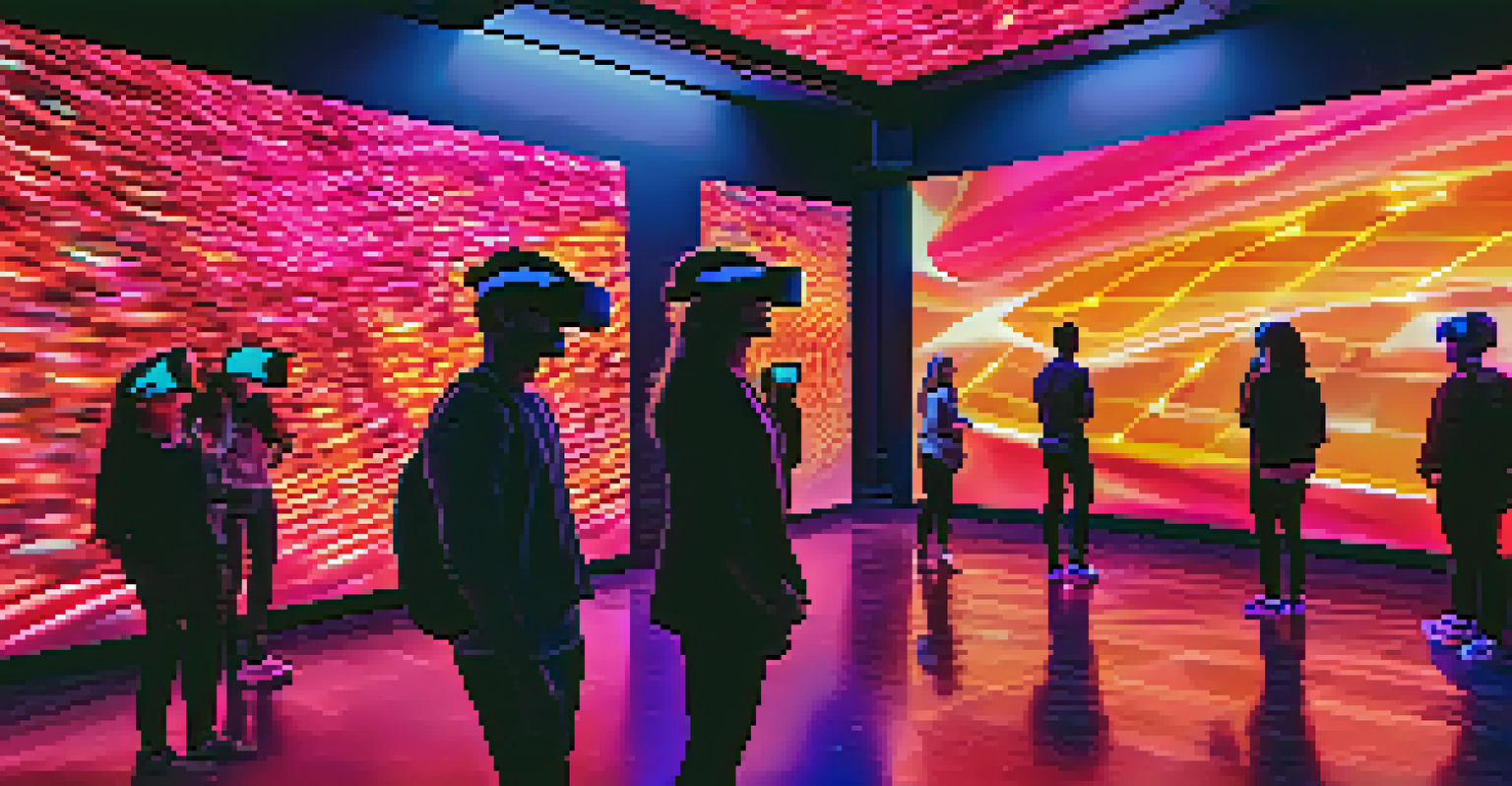 Visitors engaging with a digital art installation, wearing VR headsets in a dark room illuminated by colorful screens.