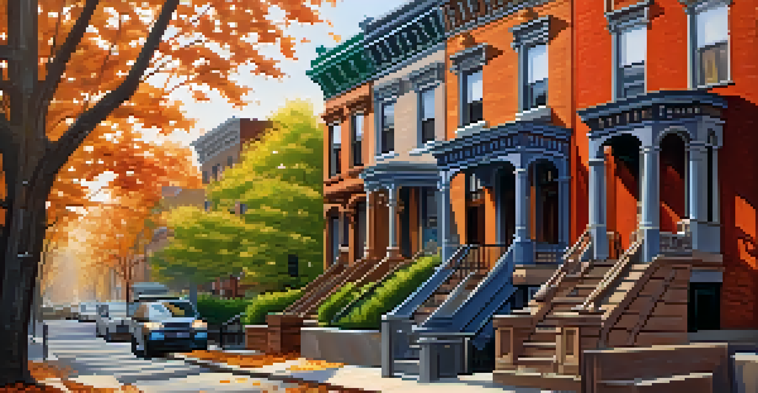 A historic brownstone street in Harlem during autumn, with colorful leaves and warm light.