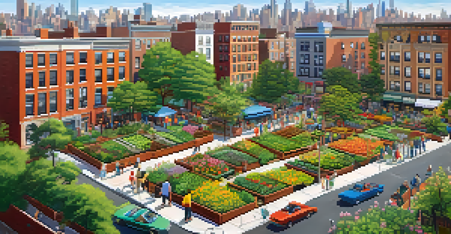 An aerial view of a community garden in New York City, surrounded by apartment buildings, with people gardening and colorful plants.