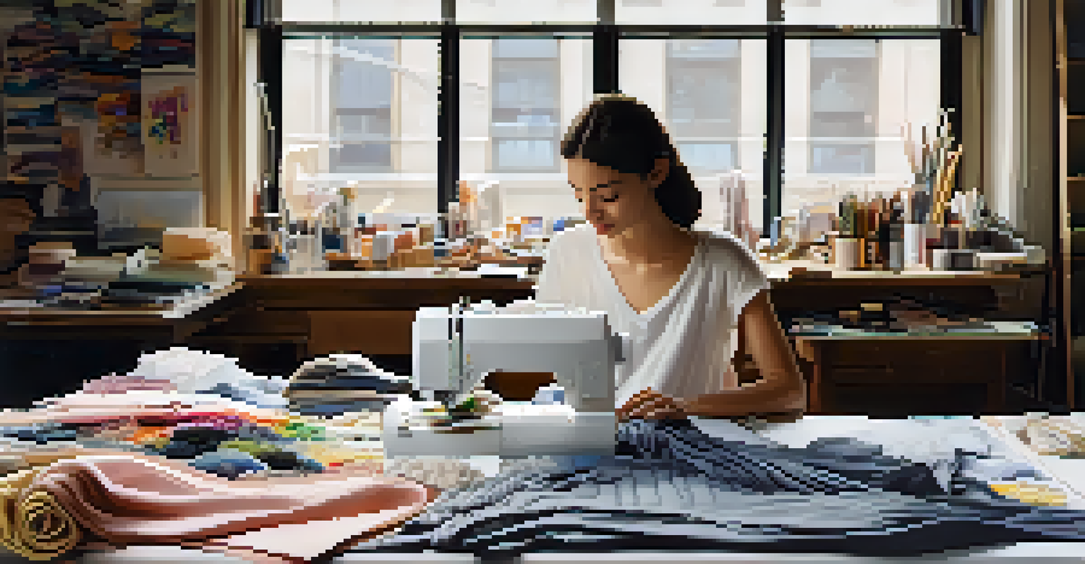 A young designer in a busy NYC studio, focused on sewing a garment amidst fabric swatches and sketches, with natural light illuminating the workspace.
