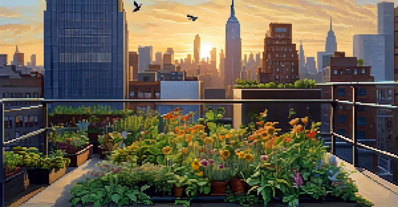 A rooftop garden filled with flowers and plants, overlooking the New York City skyline at sunset.