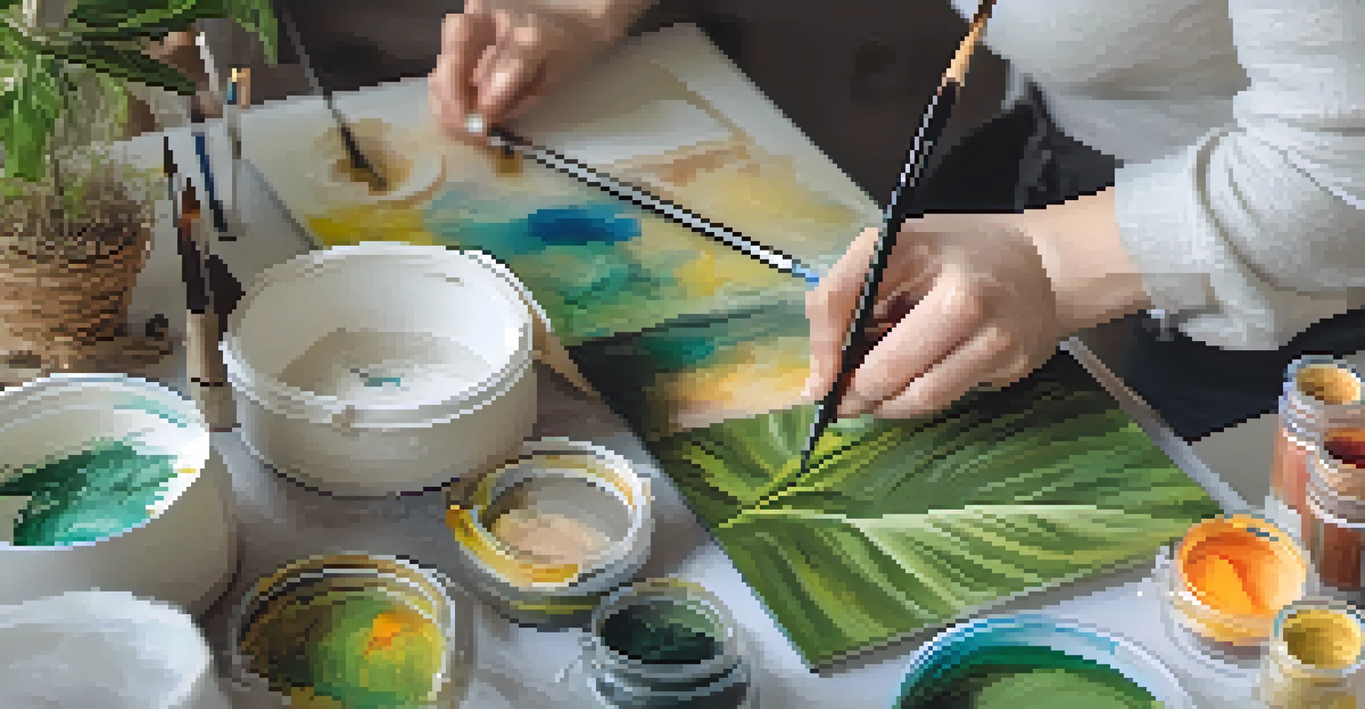 An artist's hands working with eco-friendly materials on a table filled with sustainable art supplies, surrounded by plants in a sunlit studio.