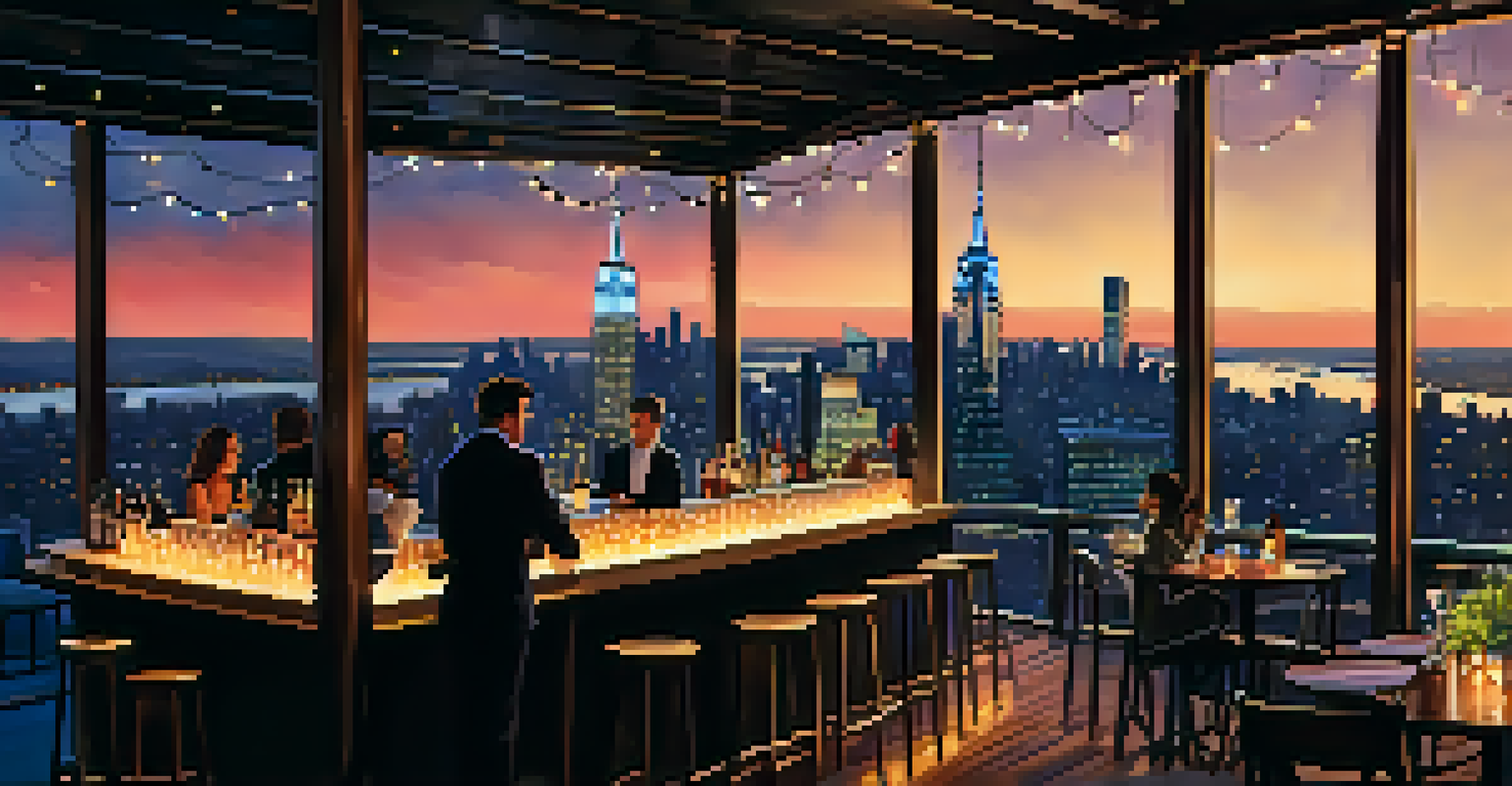 People enjoying drinks at a rooftop bar in New York City at night, with a stunning skyline view and warm lights creating a cozy atmosphere.