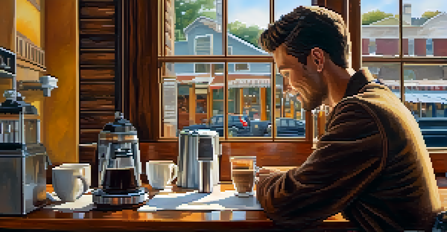 A small business owner serving coffee in a cozy café with warm lighting and wooden decor.