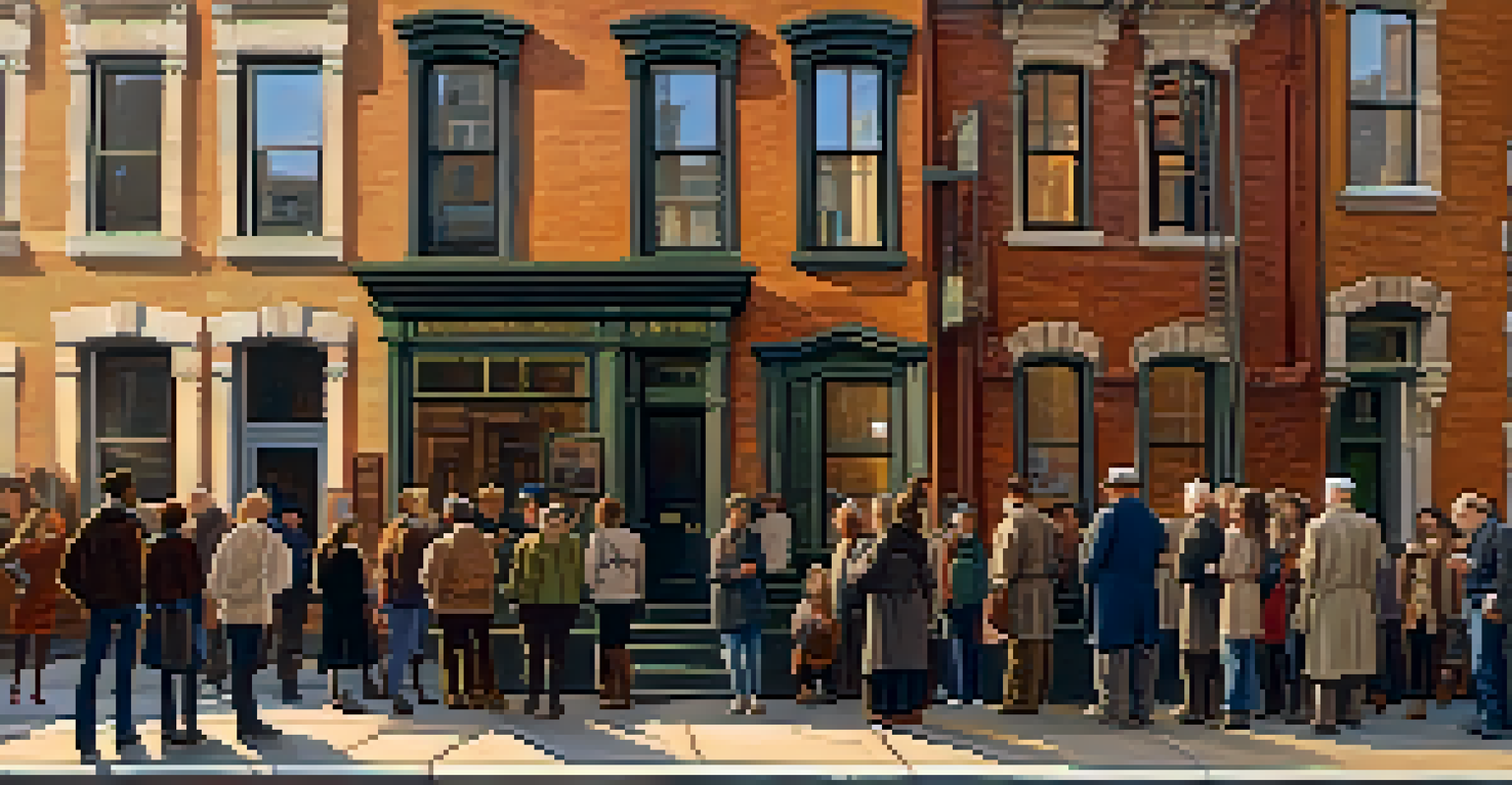 A diverse group of visitors attending a guided tour outside the Tenement Museum, with historic buildings and a sunset in the background.