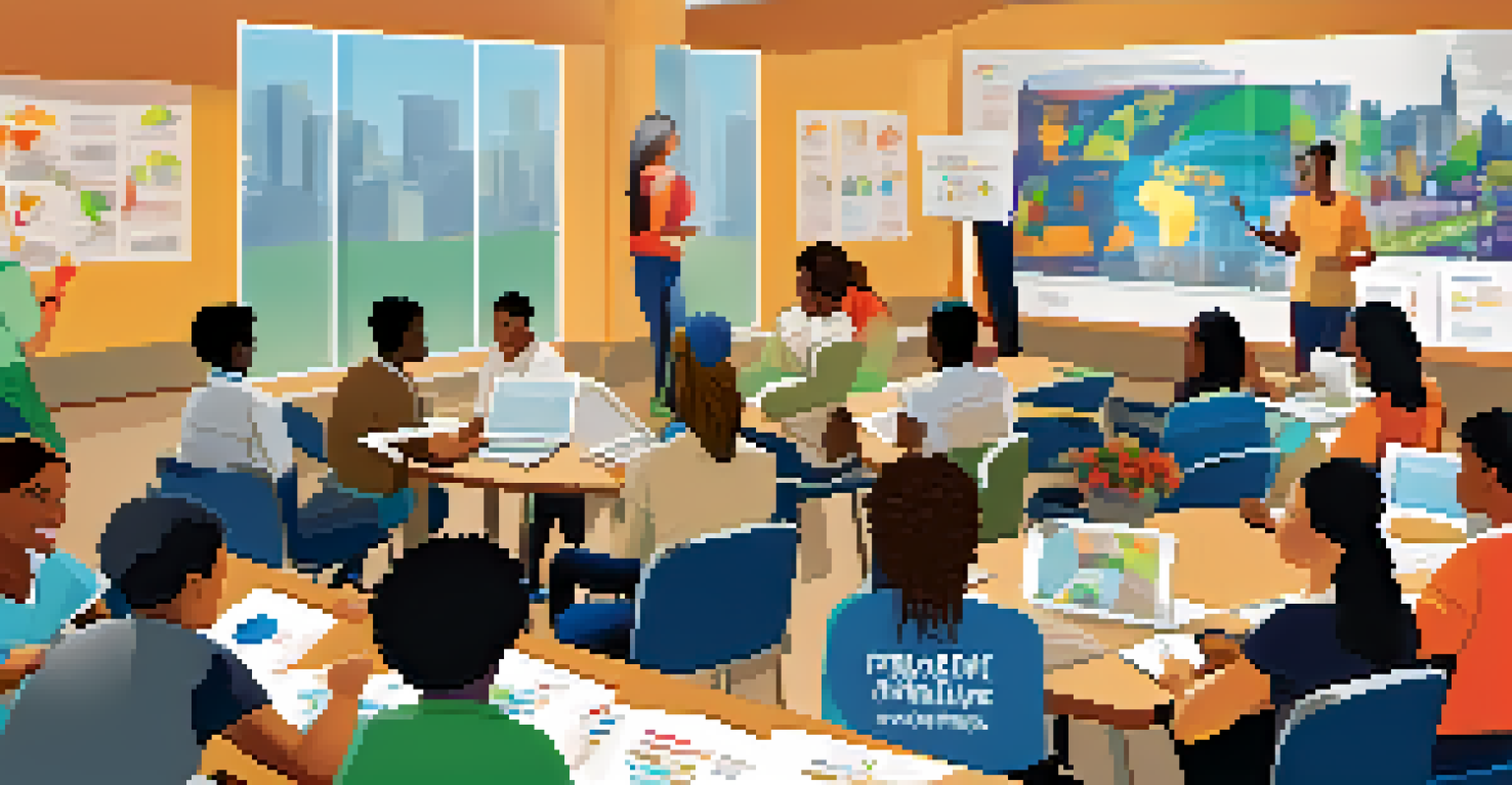 Volunteers in a training session at a nonprofit organization, discussing community projects with laptops and notes.