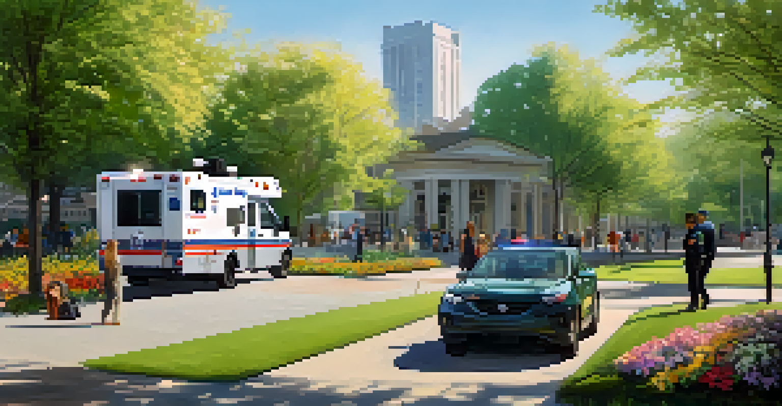 A peaceful city park scene with a mobile crisis response unit, where a mental health professional is conversing with a resident surrounded by blooming trees and flowers.