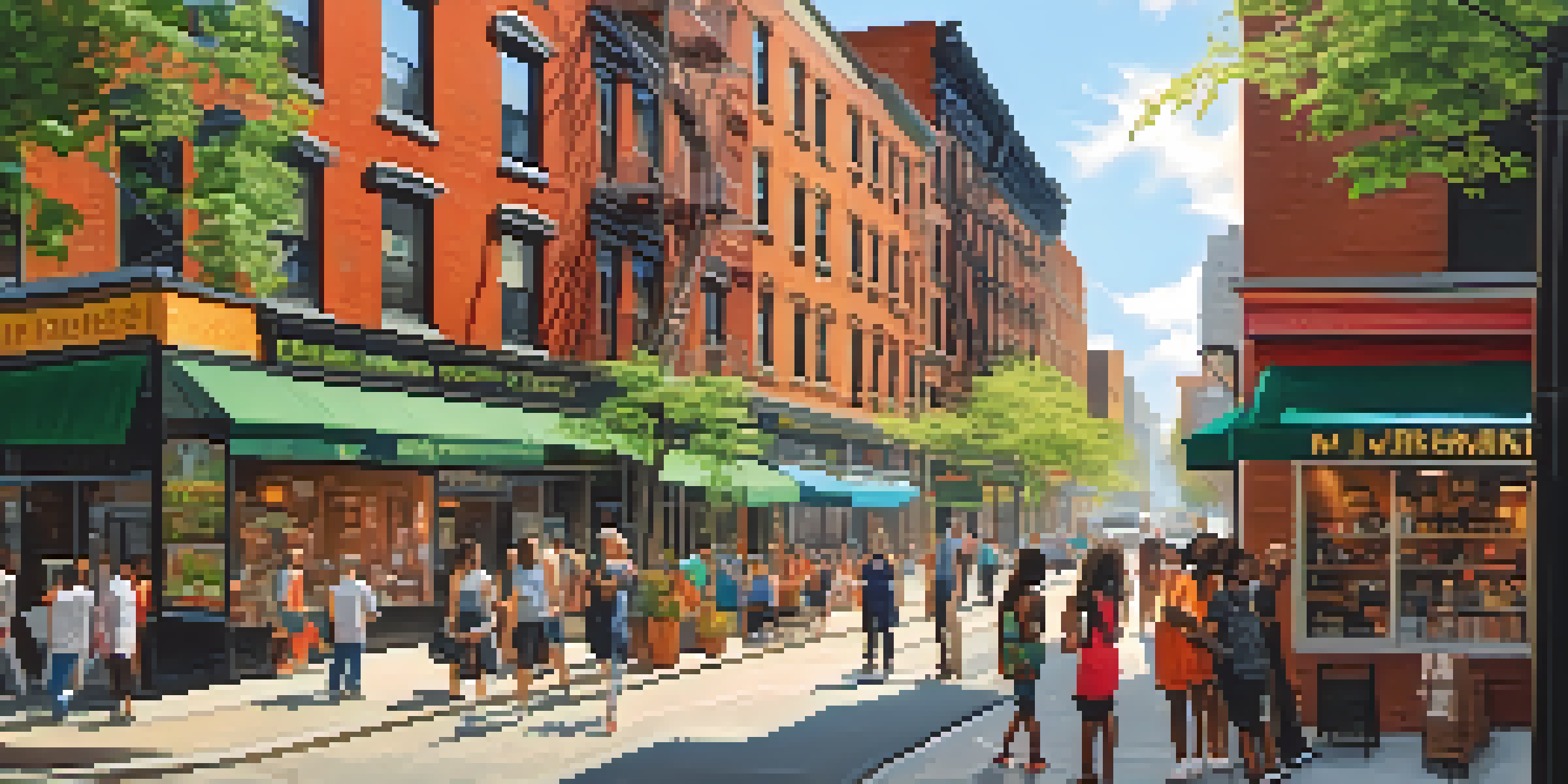 A vibrant New York City street with diverse residents and colorful street art, showcasing a blend of old and new architecture.